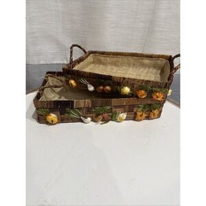 2 MCM Vintage Wicker Raffia Casserole Holders 13.5x8.5"/11"x7" Floral Accent